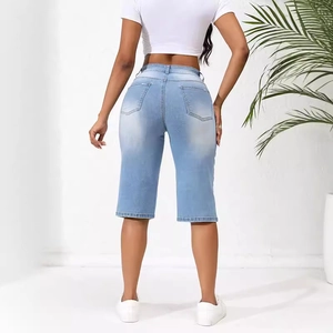 Slim fit high waisted light blue denim bermuda shorts with back pockets for women