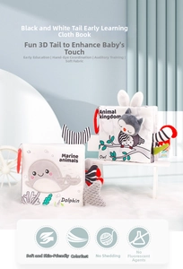 Detail of sensory baby cloth books with 3D textured tails for tactile development