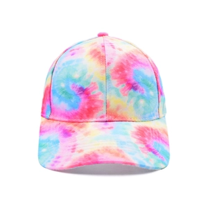 Detail of colorful tie-dye baseball cap with pink top button and reinforced stitched brim