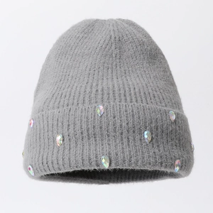 Grey knit beanie for women with iridescent teardrop rhinestones on the folded cuff