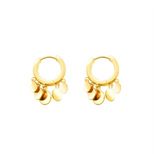 Minimalist 18K gold plated hoop earrings featuring five dangling circular metal discs