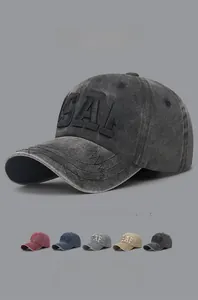 Detailed view of SAF letter embroidery and Z-shaped stitching on washed baseball cap