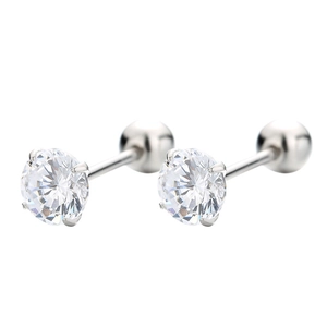 Sparkling round zircon stud earrings with four-prong setting and secure screw-back ball