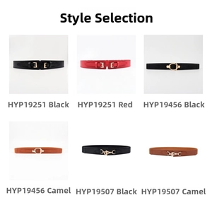 Selection of elastic waist belts in black, red, and camel with various stylish metal buckles