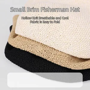 Breathable knit bucket hats in beige, khaki and black colors with hollow crochet texture