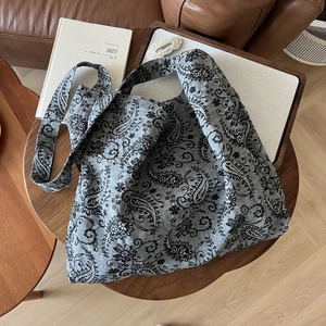 Vintage gray linen tote bag with black paisley patterns and large storage capacity