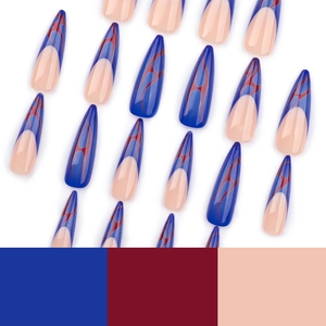Extra long stiletto press-on nails with blue French tips and red flame patterns