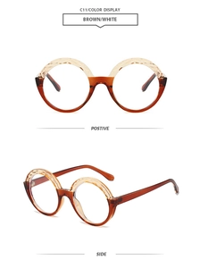 Detailed views showing two-tone round sunglasses with engraved texture and amber finish