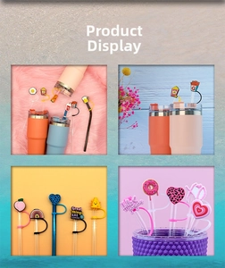 Detail showing colorful silicone straw covers in popcorn, heart and rainbow shapes