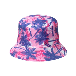 Pink and purple fisherman hat with tropical palm tree print for summer beach vacations