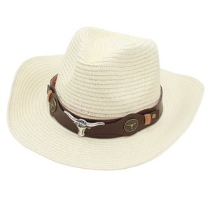 Cream western cowboy straw hat with bull head ornament and vintage leather band decoration