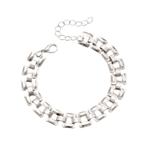 Detail of silver double-row rectangular link chain bracelet with lobster clasp and extender