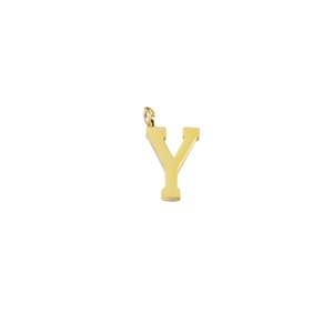 Close-up of golden stainless steel letter Y pendant with mirror finish and jump ring