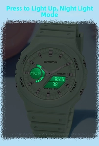Macro shot of green military digital-analog watch with bright green LED backlight detail