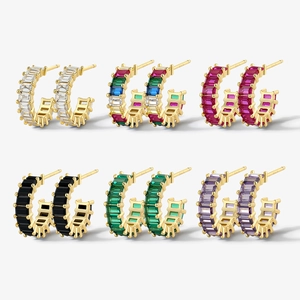 925 Sterling Silver Rectangular Rhinestone C-Shaped Hoop Earrings For Women Fashion Western Style Geometric Jewelry Gift