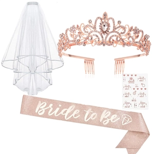 Detailed set featuring rose gold tiara, white veil, and glittery Bride to Be sash for wedding
