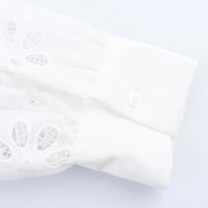 White French style embroidered shirt with lace cuffs and button detail for women