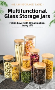 Set of multi-size glass storage jars with airtight bamboo lids for kitchen pantry food