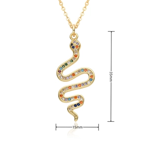 Detail view of gold-plated snake pendant with colorful zircons, size 35mm by 15mm