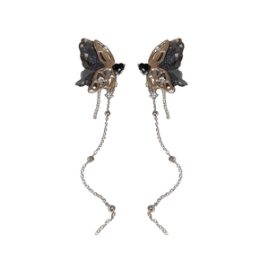 Dark style fabric butterfly earrings with sparkling rhinestones and long silver tassels