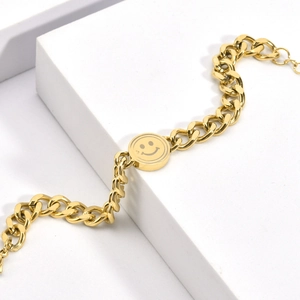 Minimalist 18K gold smile face titanium steel bracelet with chunky chain for women