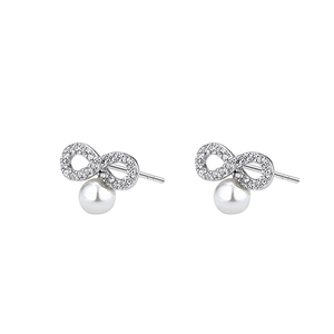 Infinity symbol 925 sterling silver stud earrings with pearls on white background