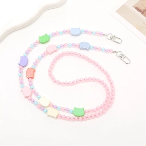 Pastel beaded crossbody strap with cute cat heads and silver metal clasps for phones