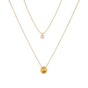 Double-layered stainless steel necklace with round zircon and hammered disc pendants