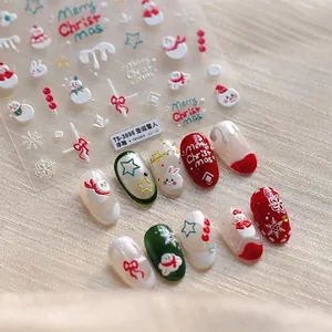 Christmas Nail Art Stickers 3D Embossed Snowman Snowflake Pattern Self Adhesive Festive Manicure Decoration For Women