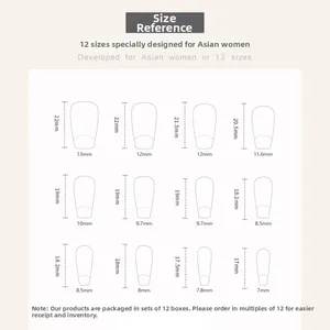 Size chart showing 12 different dimensions for ballet style press-on false nails