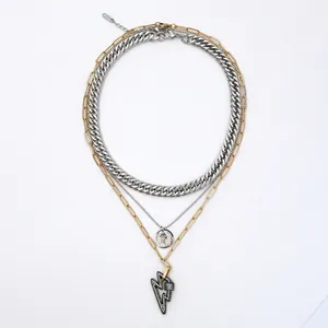 Three-layer stainless steel necklace with coin pendant and black zircon lightning charm