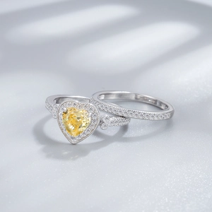 925 silver heart-shaped yellow diamond ring set with ice cut high carbon stone