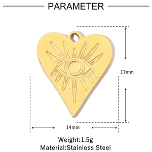 Detailed view of heart-shaped stainless steel pendant with evil eye engraving and size specs