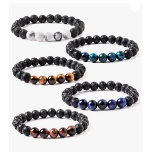 Set of five 8mm volcanic stone bead bracelets in various natural stone colors for men and women