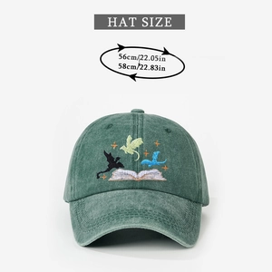 Detail showing vintage washed green cotton cap with intricate dragon and book embroidery