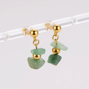 Elegant gold earrings featuring green natural stone beads on a minimalist stud