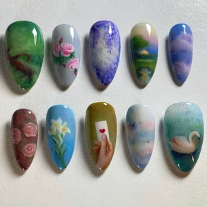 Press On Nails Oil Painting Style Flower Swan Forest Pattern Almond Shape Glossy Detachable Full Cover Artificial Fingernails