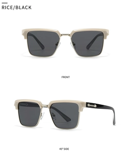 Front and 45-degree side view of beige square sunglasses with black lenses and metal arrows