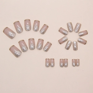 Nahaufnahme von 24 nude-rosa künstlichen Nägeln mit Silberglitzer und Goldrand-Design