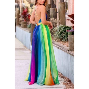 Detailed back view of a rainbow gradient maxi dress with crisscross straps and open back