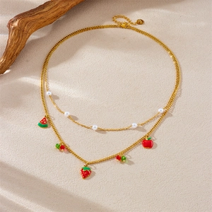 Double-layered stainless steel necklace with colorful fruit charms and pearls