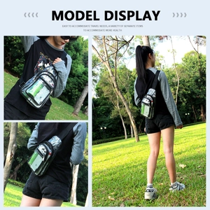 Outdoor detail of clear PVC chest bag showing adjustable strap and spacious compartment