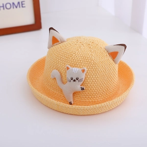 Chapeau de soleil enfant en paille jaune avec oreilles de chat en 3D et décoration