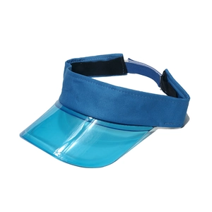 Close-up of blue TPU sun visor featuring a canvas headband and adjustable Velcro strap