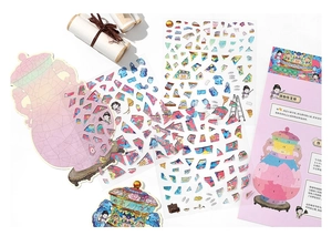 Detail of vintage Chinese porcelain DIY 3D puzzle sticker set with vase template