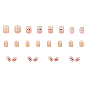 Coffret de 24 faux ongles mignons avec gribouillages de fleurs colorées pour femmes