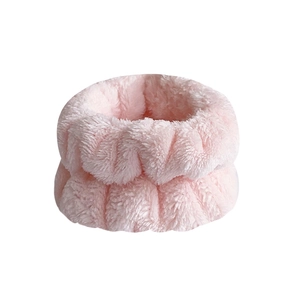 Pink plush wrist washbands made of soft coral fleece for washing face and preventing water