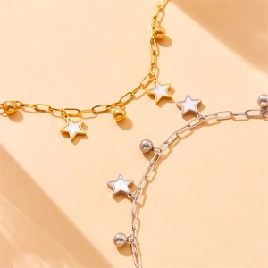 Star and bead titanium steel anklet in gold and silver finish with paperclip chain