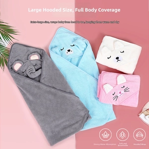 Detail of hooded baby bath towels featuring elephant, puppy, bear, and cat designs