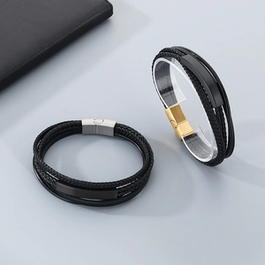 Multi-layer woven leather bracelet for men with brushed magnetic metal clasp